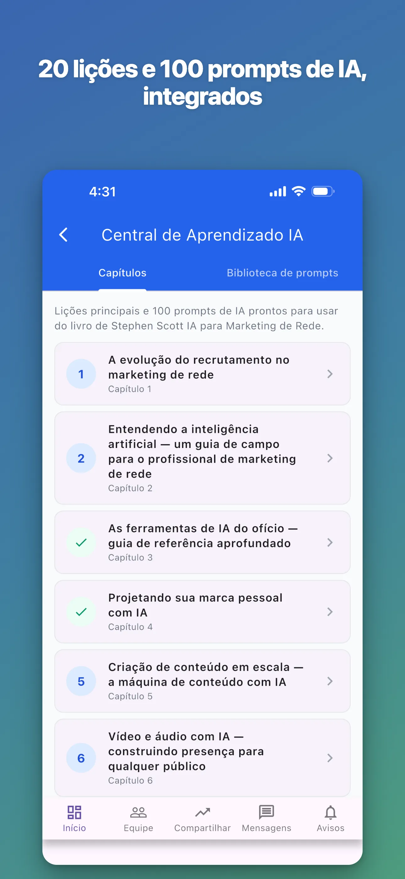 Central de Aprendizado IA — 20 lições, 100 prompts