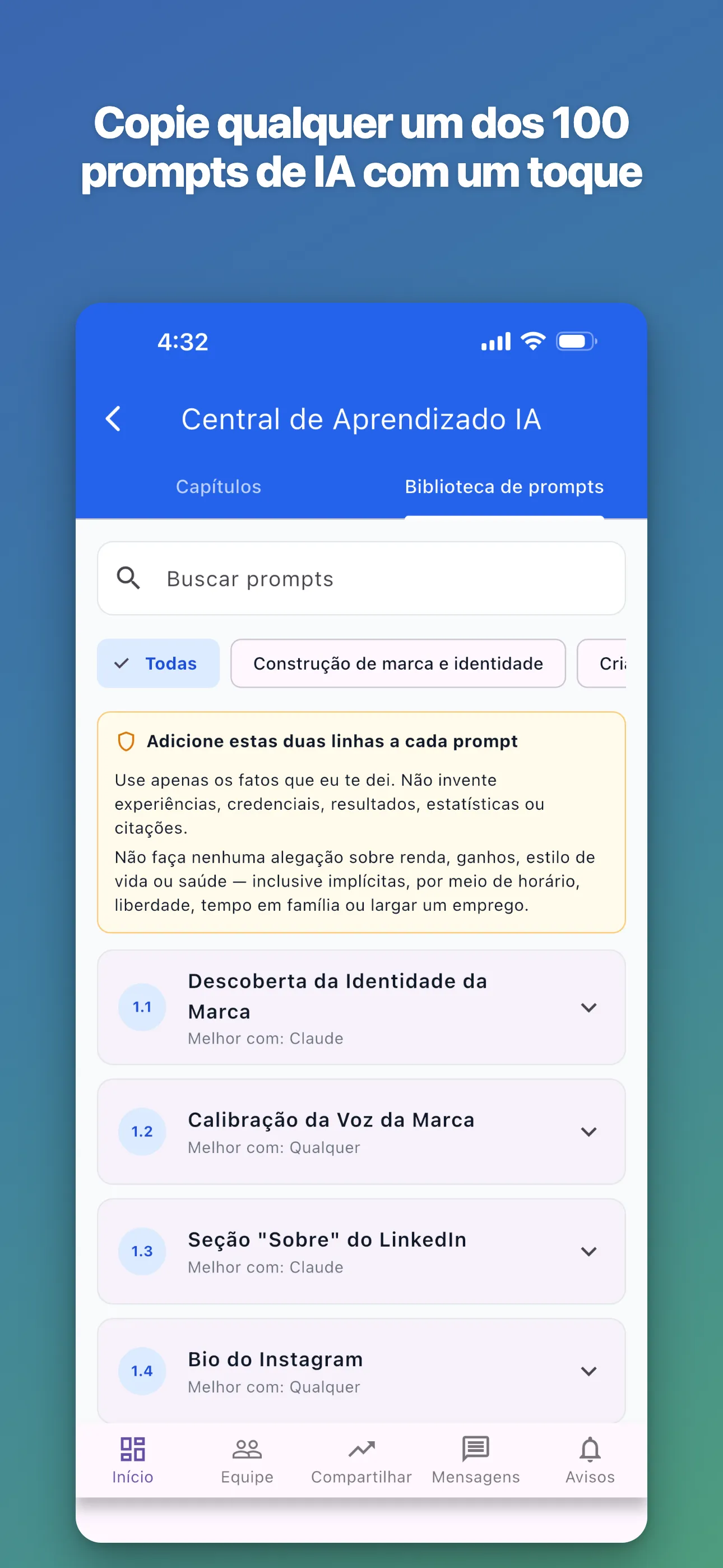 Biblioteca de prompts — 100 prompts de IA, copiados com um toque
